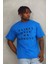 Unisex Oversize Baskılı Bisiklet Yaka T-Shirt - Mavi 3