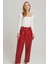 Kırmızı Kadın Havuç Kesim Beli Kemerli Cepli Yüksek Bel Astarlı Hakiki Deri Pantolon 3