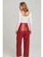 Kırmızı Kadın Havuç Kesim Beli Kemerli Cepli Yüksek Bel Astarlı Hakiki Deri Pantolon 4