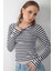 Siyah Beyaz Çizgili Uzun Kol Body Düğme Detaylı Soft Touch Basic Bluz Likralı Tişört 2