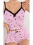 Kadın Pembe Kalp Desenli Askılı Şortlu Pijama Takım 6647 2