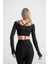 Kadın Siyah Transparan Detaylı Uzun Kollu Crop Üst Askılı Iç Crop ile Takım, Esnek Kumaş 2