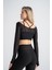 Kadın Siyah Transparan Detaylı Uzun Kollu Crop Üst Askılı Iç Crop ile Takım, Esnek Kumaş 9
