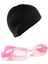 Yetişkin Silikon Yüzücü Gözlüğü ve Likra Yüzücü Bonesi Havuz Seti, Pembe 1