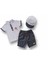 6-9 9-12 12-18 Ay Vip Yaka Şapkalı Kısa Kollu Sweat 3lü Erkek Bebek Takımı Gri 1