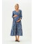 Hamile Bisiklet Yaka Desenli Uzun Elbise Mavi 4