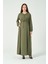 Hamile Beli Bağcıklı Uzun Kollu Maxi Boy V Yaka Tesettür Elbise Haki 4