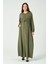 Hamile Beli Bağcıklı Uzun Kollu Maxi Boy V Yaka Tesettür Elbise Haki 5
