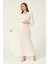 Hamile Beli Bağcıklı Şifon Maxi Boy Tesettür Elbise Beyaz 1