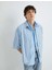Oversize Gömlek Kısa Kollu Cep Detaylı Klasik Yaka - Koton - 4SAM60201HW - Mavi Çizgili - M 4