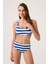 Lacivert-Beyaz Çizgili Yüksek Bel Bikini Altı Sporty Bottom 3