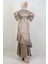 Kendinden Desenli Asimetrik Elbise Bej 1