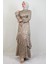 Kendinden Desenli Asimetrik Elbise Bej 3