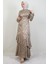 Kendinden Desenli Asimetrik Elbise Bej 4