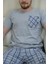 Açık Gri Ekose Desenli Kısa Kol Erkek Pijama Takımı 1