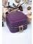 Mor Fermuarlı Deri Takı ve Seyahat Çantası, Ahşap Detaylı, 11X11 cm 3