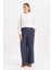 Indigo-Pileli Geniş Paça Keten Pantolon 1