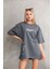 Unisex Bisiklet Yaka Baskılı Oversize T-Shirt - Gri 7