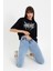 Unisex Bisiklet Yaka Baskılı Oversize T-Shirt - Siyah 4