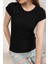 Dokulu Kısa Kol Düz Siyah Kadın Likralı Tişört Basic Bürümcük T-Shirt 4