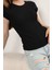 Dokulu Kısa Kol Düz Siyah Kadın Likralı Tişört Basic Bürümcük T-Shirt 5