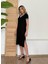 Kadın Kısa Kollu V Yaka Kol ve Yaka Ribana Detay Midi Boy Viskon Elbise 2