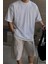 Erkek %100 Pamuklu Kalın Dokulu Oversize Bisiklet Yakalı Beyaz T-Shirt 1