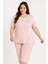 Açık Pembe Renk Dal Desenli Büyük Beden Kaprili Pijama Takımı/battal Beden 1