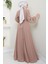 Kuşağı Taşlı Şifon Abiye Elbise Vizon HM2668 5