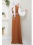 Gül Kemerli Kolları Şifon Abiye Elbise Taba HM2666 5