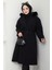 Kapüşonlu Beli Büzgülü Kaşe Kaban Siyah HM2604 5
