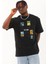 Unisex Oversize Baskılı Bisiklet Yaka T-Shirt - Siyah 2
