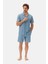 Mavi Desenli Gömlek Yaka Modal Şortlu Pijama Takımı 4