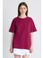 Bordo Arka Yazı Baskılı Kalpli %100 Pamuk Oversize Tişört 2150-33M 1