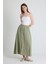 Olive Yeşili Keten Görünümlü %100 Pamuk Düğmeli Midi Etek 3419 2