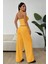 Sarı Örme Kolsuz Sırtı Açık Bel Dar Bluz Pantolonlu Takım 2