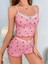 Kadın Pembe Çilek Desenli Crop Şortlu Pijama Takımı - Polyester Askılı Yazlık Takım 2