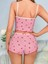 Kadın Pembe Çilek Desenli Crop Şortlu Pijama Takımı - Polyester Askılı Yazlık Takım 3