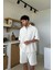 Krem Basic Oversize Kısa Kol Keten Gömlek 1