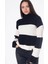 Beyaz Kadın Balıkçı Standart Çizgili Kazak Chunky Loose Hıgh Neck Sweater 1