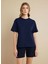 Lacivert Kadın Standart T-Shirt Bisiklet Yaka Oversize T-Shirt 3