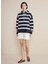 Lacivert Kadın Kapüşon Standart Çizgili Sweatshirt Kapüşonlu Çizgili Sweatshirt 1