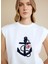 Beyaz Kadın Standart Desenli T-Shirt Bisiklet Yaka Çapa Nakışlı T-Shirt 4