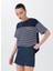 Lacivert - Beyaz Kadın Bisiklet Yaka Loose Fit T-Shirt Borı 2