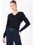 Lacivert Kadın V Slim Fit Düz Kazak E-Carde 1