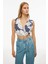 Alyas Regular Fit Çiçek Desenli Crop Boy Kruvaze Beyaz Indigo Renk Kadın Bluz 3