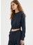 Lacivert Bisiklet Yaka Pamuklu Regular Fit Kadın Crop Sweatshirt Enjoy Elastıcated Hem 1