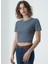 Siyah Gri Çizgili Bisiklet Yaka Kısa Kollu Kadın Crop T-Shirt Sandy 1