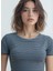 Siyah Gri Çizgili Bisiklet Yaka Kısa Kollu Kadın Crop T-Shirt Sandy 2