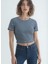 Siyah Gri Çizgili Bisiklet Yaka Kısa Kollu Kadın Crop T-Shirt Sandy 4